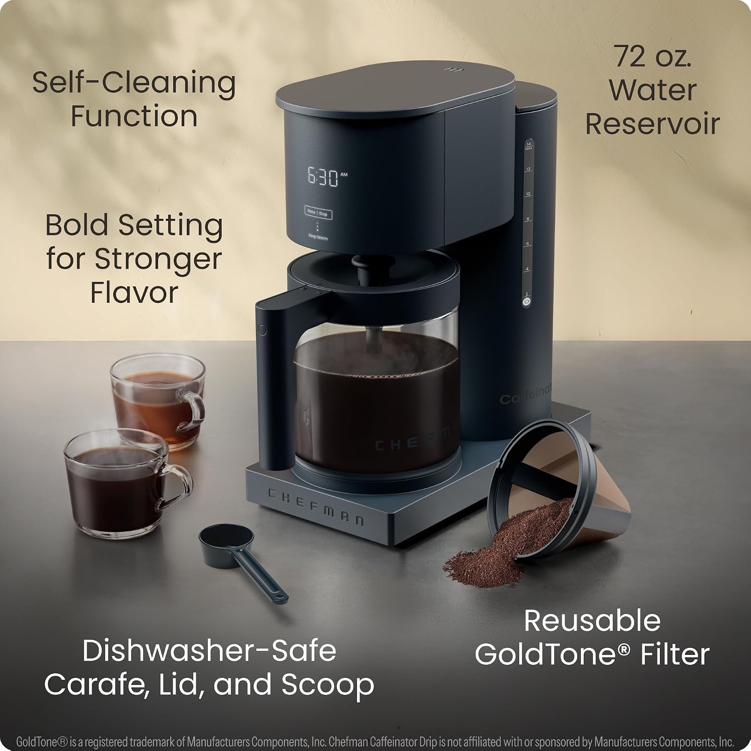 image:imageChefman Caffeinator Programmable Drip Coffee Maker 14Cup Glass Carafe with 14 Cup Brewing Classic amp Bold Settings 24Hour Timer Customizable Warming Plate Reusable GoldTone Filter Midnight