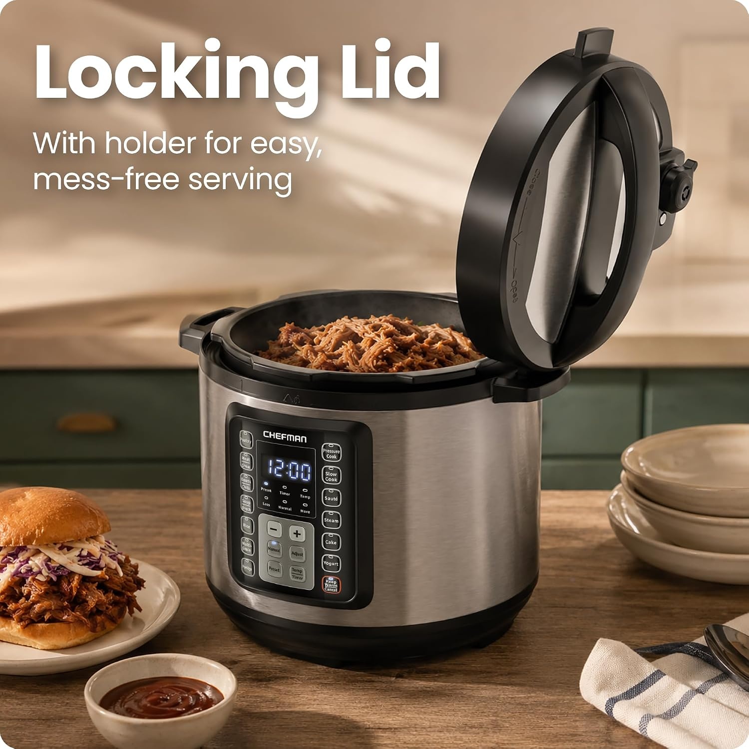 image:imageChefman 13in1 Electric Pressure Cooker 6Quart Multicooker with Touchscreen Controls Slow Cooker Steamer Saut Soup Chili Delay Start amp Keep Warm Stainless Steel