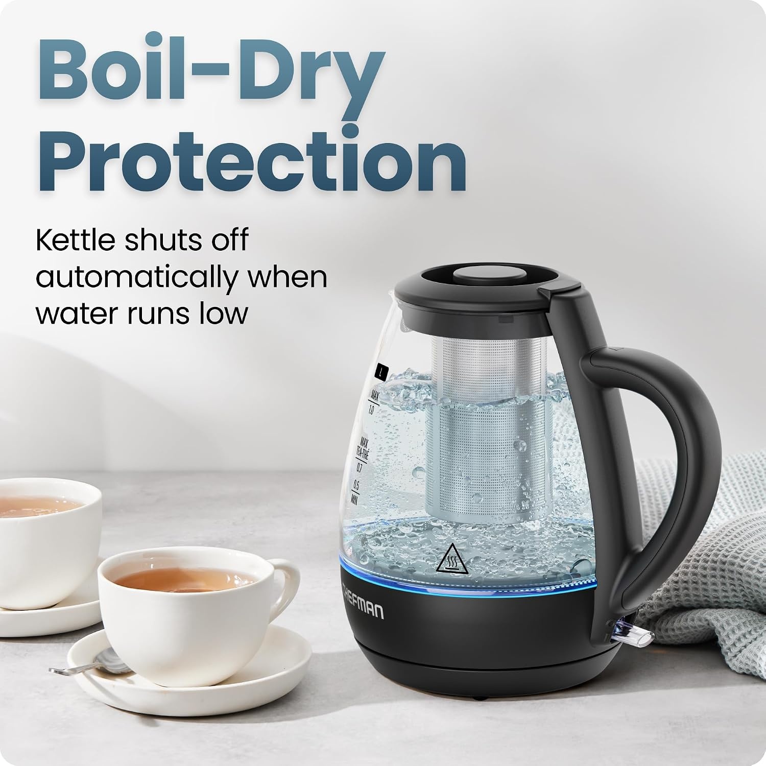 image:imageChefman Electric Kettle with Tea Infuser 17L 1500W Removable Lid for Easy Cleaning BoilDry Protection Stainless Steel Filter BPA Free Auto Shut Off Hot Water Boiler Glass Electric Tea Kettle10 liters