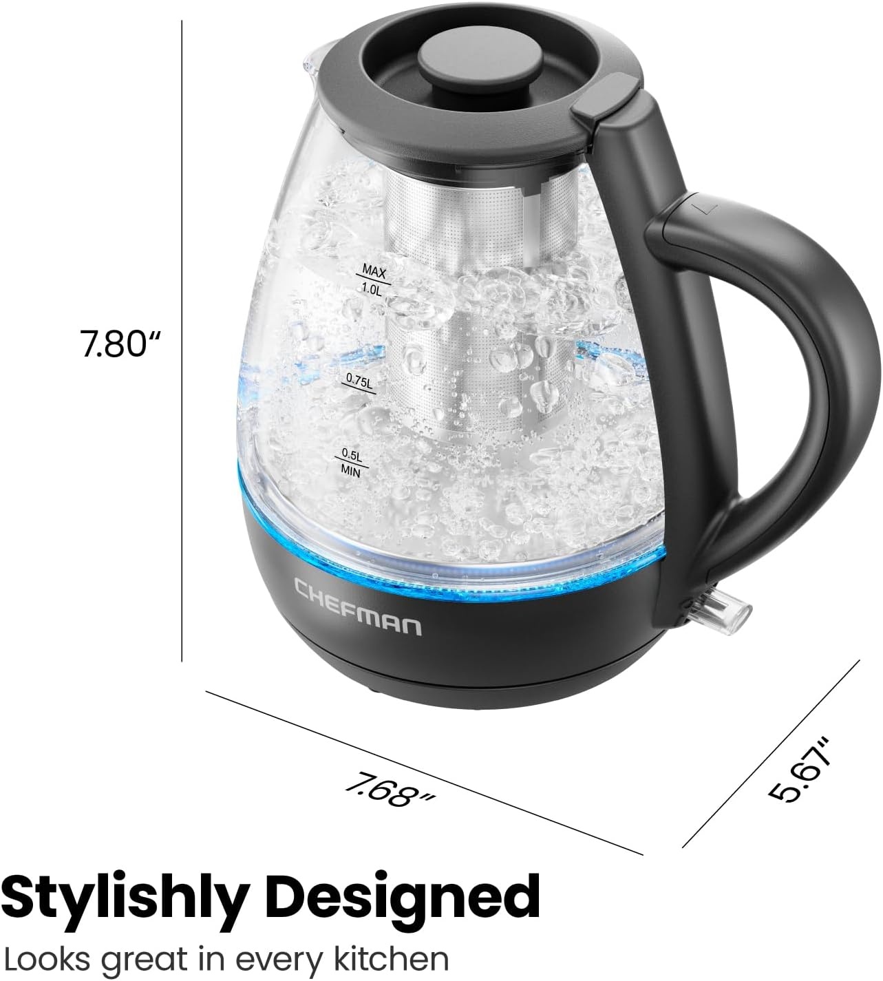 image:imageChefman Electric Kettle with Tea Infuser 17L 1500W Removable Lid for Easy Cleaning BoilDry Protection Stainless Steel Filter BPA Free Auto Shut Off Hot Water Boiler Glass Electric Tea Kettle10 liters