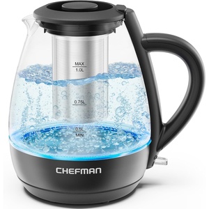 Chefman Electric Kettle with Tea Infuser, 1.7L 1500W, Removable Lid for Easy Cleaning, Boil-Dry Protection, Stainless Steel Filter, BPA Free, Auto Shut Off Hot Water Boiler, Glass Electric Tea Kettle(1.0 liters)